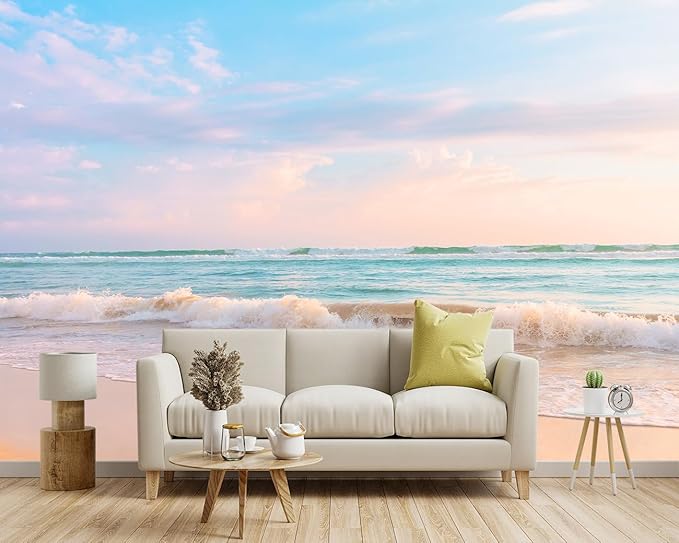 YIHWM -Clear Waves Summer Beach Coastal Scenery Fabric Wallpaper Coastal Islands Living Room Bedroom Bathroom Boys Girls Kids Room Large Mural- 183"x120"（ not Peel and Stick）