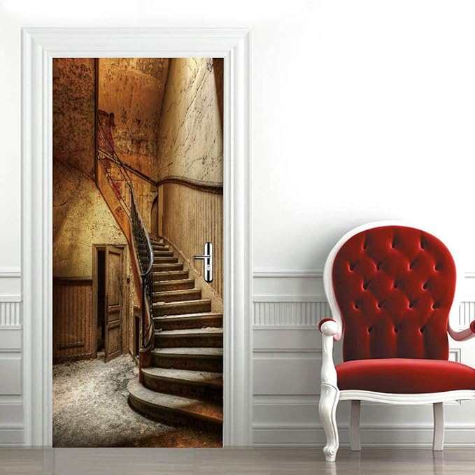 3D Peel and Stick Murals - Old Stairs Wallpaper Self-Adhesive Decals Removable PVC Waterproof Door Poster for Bedroom Living Room 37.4 x 82.7 inch