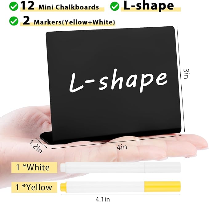 12 Pcs Mini Chalkboard Signs, 4"x3" Reusable PVC Food Labels for Party Buffet, Small Table Place Cards, Durable Chalk Board Signs for Tables, Birthday, Weddings, Bakery, Event Decoration (L Shape)