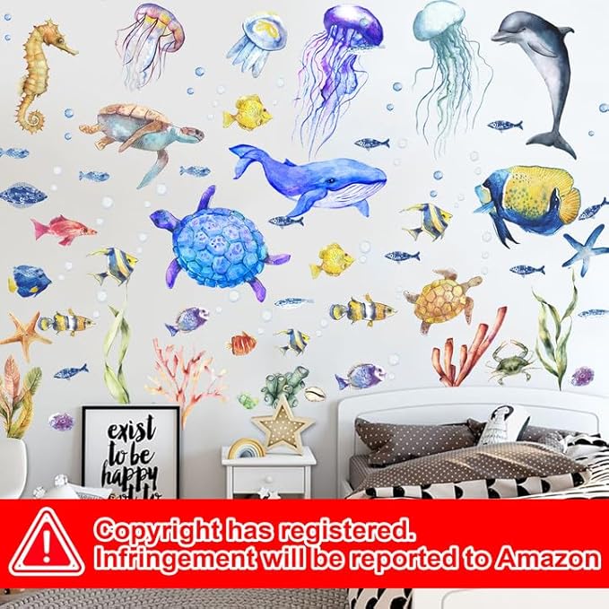 4 Sheets Ocean Fish Wall Decals Stickers Sea Wall Decal Stickers Removable Sea Life Marine Animal Sticker Underwater Ocean Creatures Decor for Kids Girls Boy Nursery Bedroom Bathroom