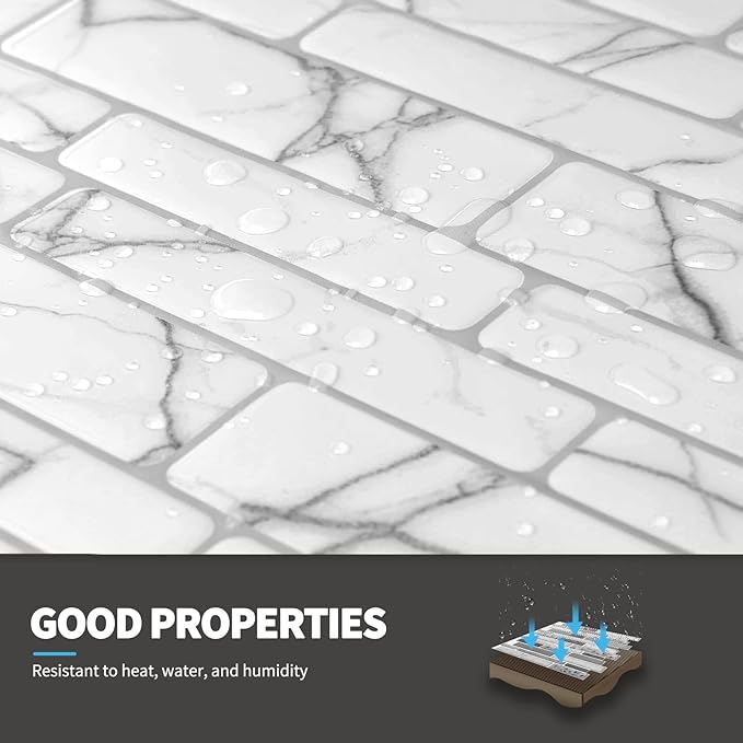 Art3d 10-Sheet Peel and Stick Backsplash, 12 in. x 12in. White Marble Design