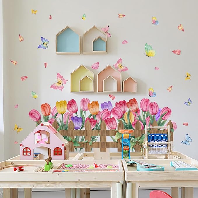 2 Pieces Tulips Wall Decals Vinyl Flowers Wall Stickers Removable Floral Art Murals Peel and Stick Colorful Tulips Fence Butterfly Decor for Girls Bedroom Living Room Nursery
