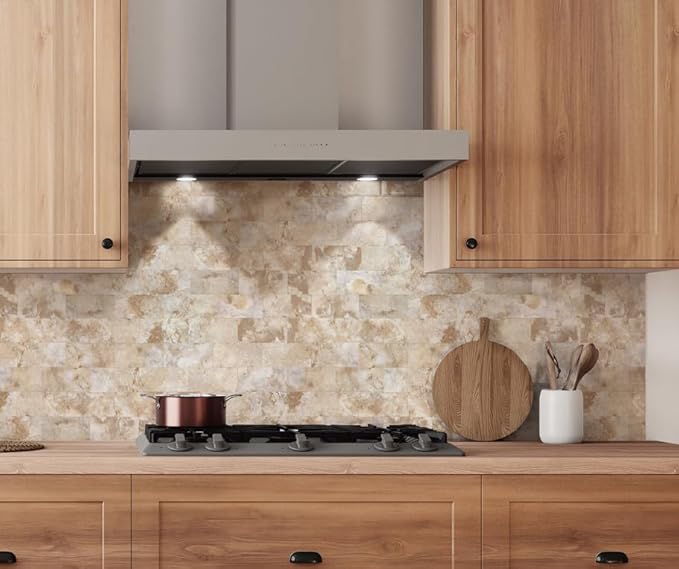 10-Pack Peel and Stick Tile Backsplash 12"X12" PVC Wall Tiles, Stick on Backsplash for Kitchen, Bathroom Tile, Fireplace Décor, Laundry Table, Stair Decals in Ecru Stone