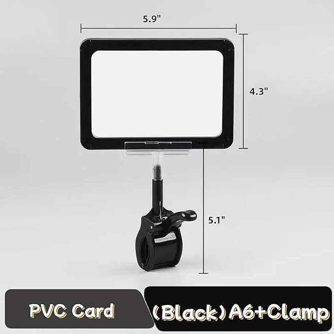 ZHENGMAI 10 Pack Black Acrylic Sign Holder with Clamp, Double Head Rotating Price Display Signs with PVC Card Protector, Sale Signs for Retail Store, Clothing, Dessert Rack 6 x 9 Inch