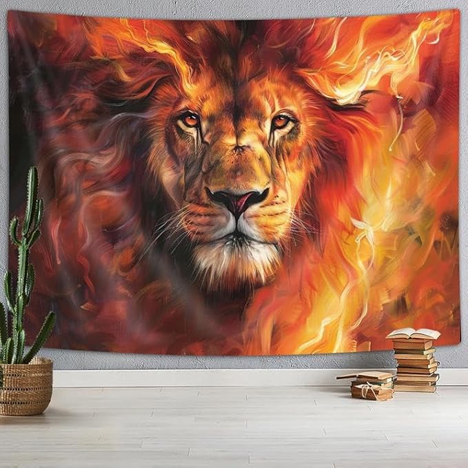 YDIDIAN Lion Wall Art - Burning Flame Animal Tapestry, Wall Decor for Home, College Dorm, Living Room - Panels 90 x 70IN