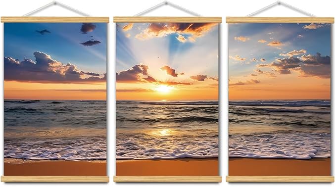 3pcs Beach Canvas Wall Art, Canvas Art with Frames, For Office Home Decor Bedroom Living Room Wall Decor. (Red Beach 18L x 12W, Framed)