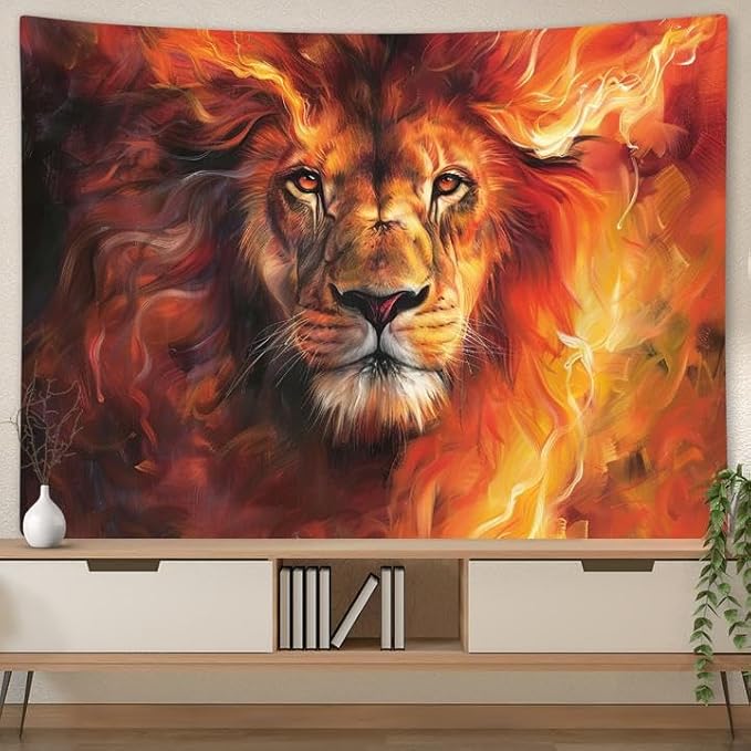 YDIDIAN Lion Tapestry, Fire Burning Flame Animal Wall Art, Art Aesthetics Wall Decor for Home College Dorm Living Room, Panels 80 x 60IN