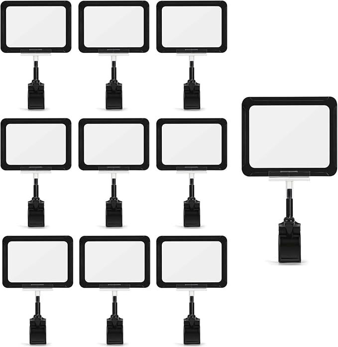 ZHENGMAI 10 Pack Black Acrylic Sign Holder with Clamp, Double Head Rotating Price Display Signs with PVC Card Protector, Sale Signs for Retail Store, Clothing, Dessert Rack 6 x 9 Inch