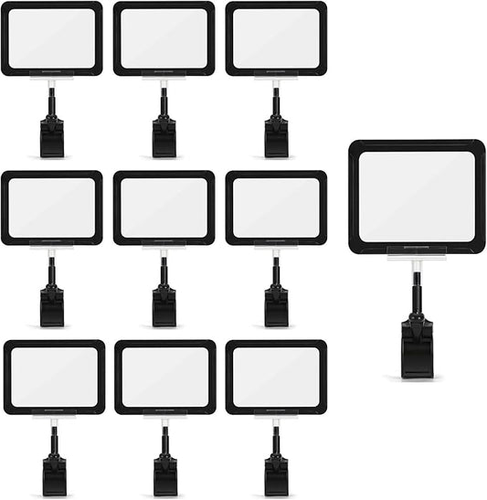 ZHENGMAI 10 Pack Black Acrylic Sign Holder with Clamp, Double Head Rotating Price Display Signs with PVC Card Protector, Sale Signs for Retail Store, Clothing, Dessert Rack 6 x 9 Inch