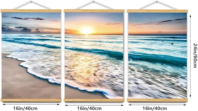 3pcs Beach Canvas Wall Art, Canvas Art with Frames, For Office Home Decor Bedroom Living Room Wall Decor. (Blue Beach, 24L x 16W, Framed)