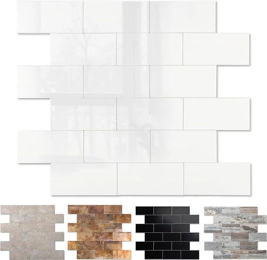 10-Pack Peel and Stick Tile Backsplash 12"X12" PVC Wall Tiles, Stick on Backsplash for Kitchen, Bathroom Tile, Fireplace Décor, Laundry Table, Stair Decals in Polished Cream White