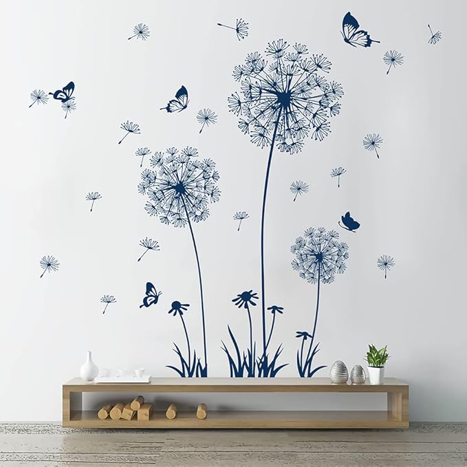 2 Sheets Dandelion Wildflower Wall Decals Art, Calcomanías para Pared Peel and Stick Floral Butterflies Flying Decor for Girls Kids Women Baby Nursery Bedroom Bathroom Sofa Backdrop TV Wall (Blue)