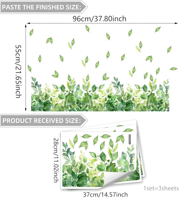 3 Pieces Green Leaves Wall Decals Vinyl Green Vines Wall Stickers Removable Art Murals Peel and Stick Leaves Decor for Girls Bedroom Living Room Nursery