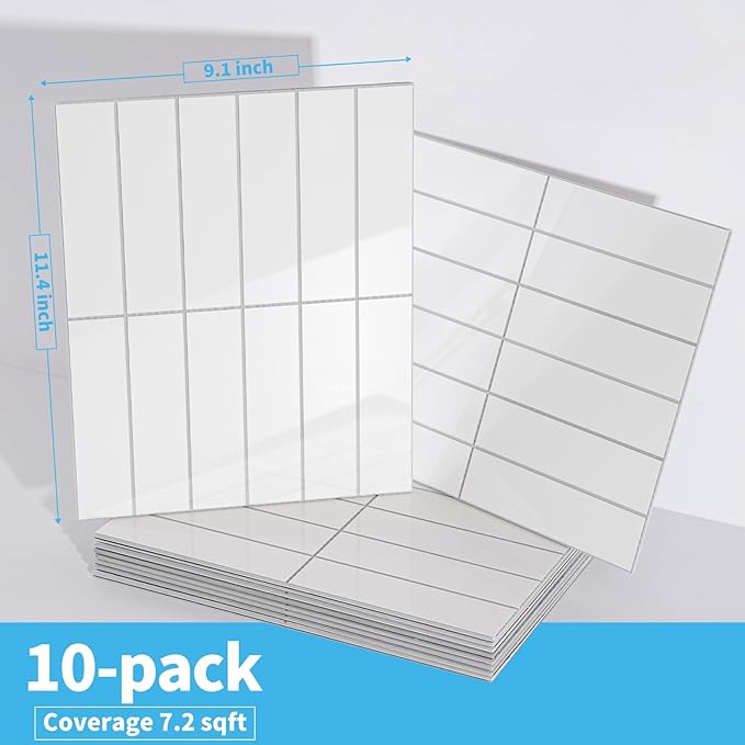 Art3d 10-Sheet Faux Marble Peel and Stick Backsplash Tile for Kitchen Wall Bathroom Countertops, 11.4 inch x 9.1 inch Stick-on Glazed-Ceramic Finish Resist to Water, Heat and Scratches, White