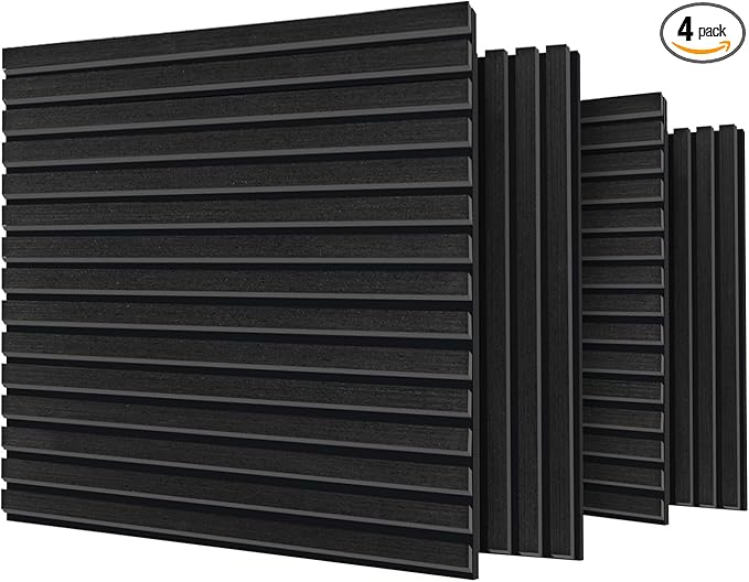 Acoustic Panels,Wood Slat for Wall & Soundproofing Wall Panels，3D Wall Panels High Density Sound Dampening Panels，4 Pack 24"x24" ，Black