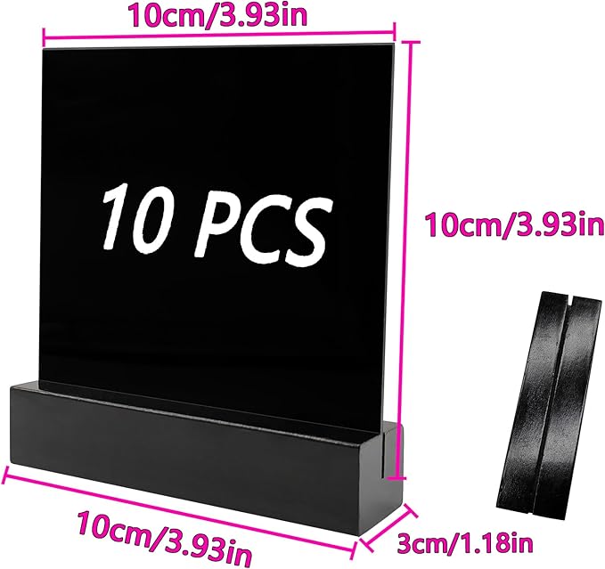 10 Pack Food Labels for Party Buffet with Wooden Stands, Acrylic Mini Chalkboard Signs, 3.9x3.9 inch Blank Black Acrylic Table Signs for Outdoor Wedding Table Numbers, Reserved, Cafe, Menu (Black)