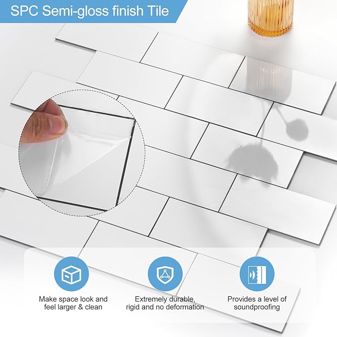 5-Pack Peel and Stick Tile Backsplash 11.8"X11.8" PVC Wall Tiles, Stick on Backsplash for Kitchen, Bathroom Tile, Fireplace Décor, Laundry Table, Stair Decals in Polished Marble White