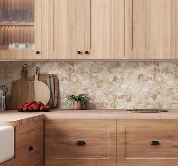 5-Pack Peel and Stick Tile Backsplash 12"X12" PVC Wall Tiles, Stick on Backsplash for Kitchen, Bathroom Tile, Fireplace Décor, Laundry Table, Stair Decals in Ecru Stone