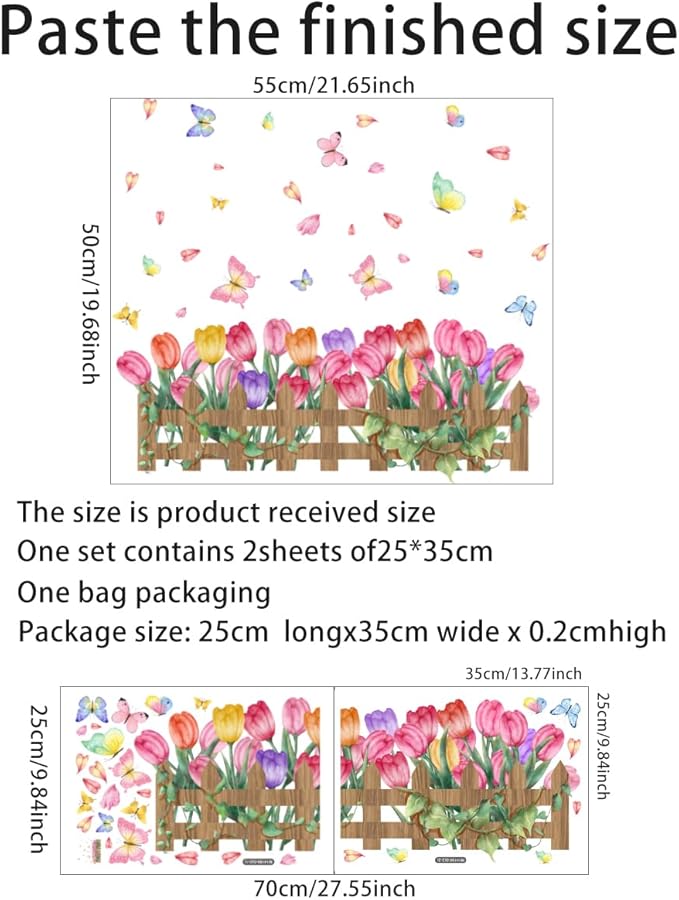 2 Pieces Tulips Wall Decals Vinyl Flowers Wall Stickers Removable Floral Art Murals Peel and Stick Colorful Tulips Fence Butterfly Decor for Girls Bedroom Living Room Nursery