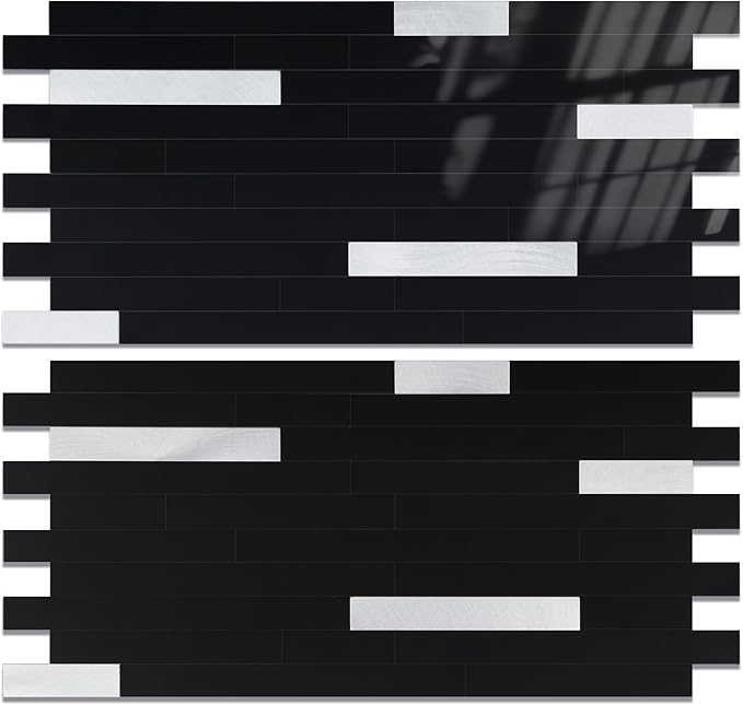 Yipscazo 40 Sheets Peel and Stick Stone Metal Backsplash, PVC Wall Tiles Stick on Tiles for Backsplash Kitchen, Bathroom, Fireplace (6'' X 12'', Black)