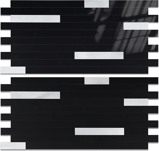 Yipscazo 40 Sheets Peel and Stick Stone Metal Backsplash, PVC Wall Tiles Stick on Tiles for Backsplash Kitchen, Bathroom, Fireplace (6'' X 12'', Black)