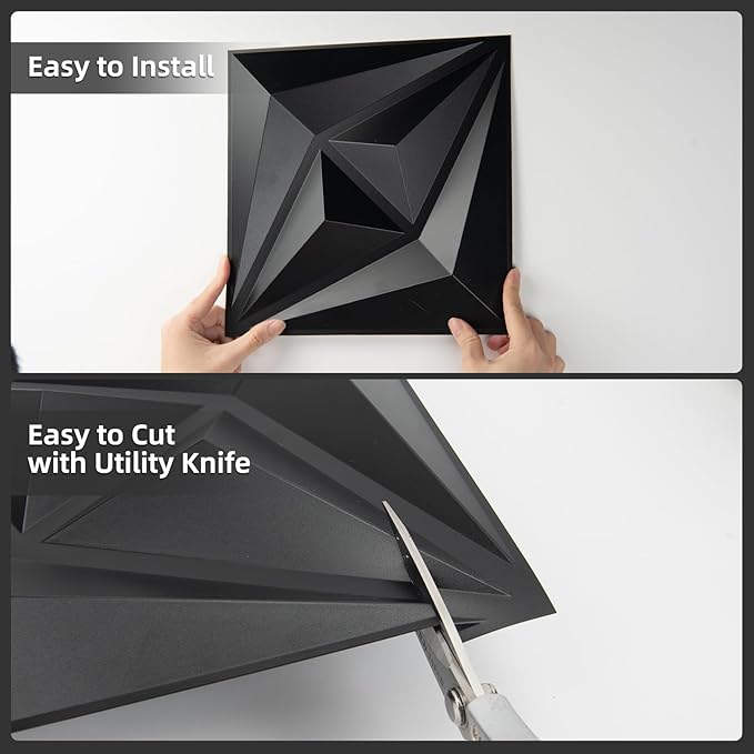 AMZDEPOT 3D Wall Panels for Interior Wall Decor, 3 Layout Options PVC Textured Wall Art Decor for Living Room Bedroom TV Background Gaming Room, 12''x12'', 20 Pcs Black