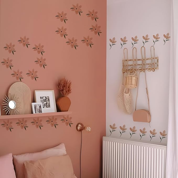 YouRfocus Daisy Wall Decals | 36 PCS Boho Flower Stickers for Girls' Rooms, Playrooms, Nurseries | Dual Layer Print for High Coverage | Removable Peel and Stick （Orange）| 6 Sheets