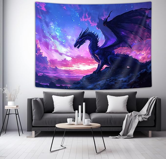 YDIDIAN Purple Dragon Wall Decor, Medieval Fantasy Animals Cool Dragon Tapestry, Dreamy Starry Sky Art Aesthetics for Home, College Dorm Living Room, Panels 70 x 60IN