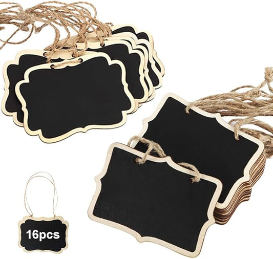 16pcs Mini Wooden Chalkboard Tags with String Black Reusable Small Hanging Chalk Board Sign Mini Erasable Chalkboard Labels for Food Labels Wedding Parties Price Message Tags