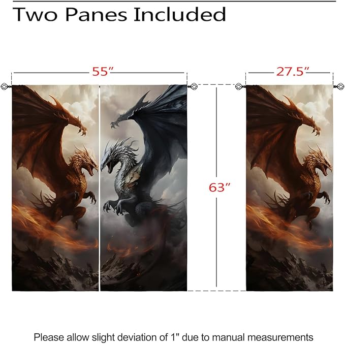 18TH CROZY Dragon Blackout Curtains for Girls Boy Home Decor, Fantasy Medieval Magical Animal Grommet Thermal Insulated Drapes Darkening Window Curtain for Bedroom Living Room, 55 x 63 Inch