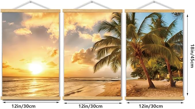 3pcs Beach Canvas Wall Art, Canvas Art with Frames, For Office Home Decor Bedroom Living Room Wall Decor. (Yellow Beach 18L x 12W, Framed)