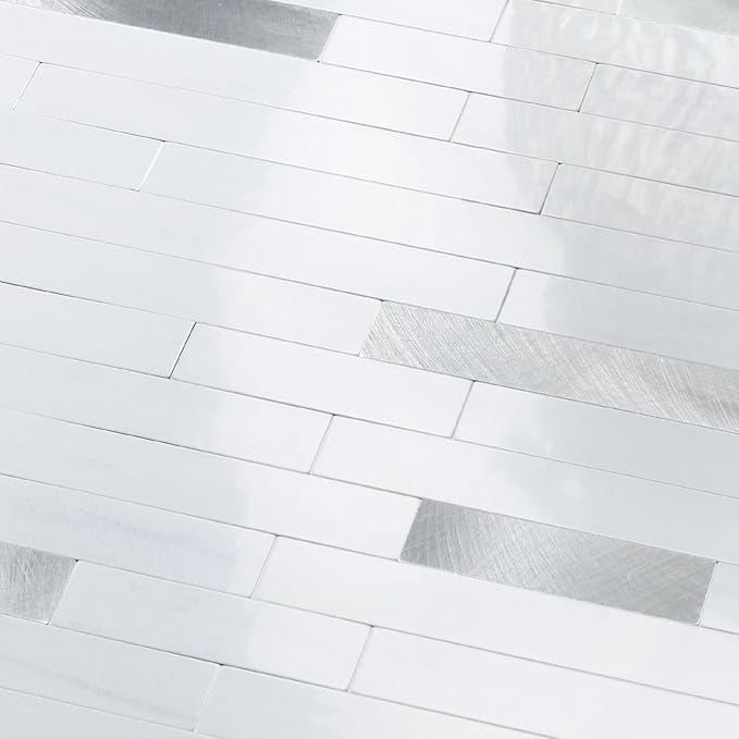 Yipscazo 40 Sheets Peel and Stick Stone Metal Backsplash Tiles, PVC Wall Tiles Stick on Backsplash for Kitchen, Bathroom (6'' X 12'', White with Grey)