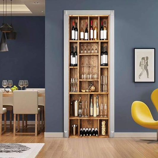 3D Door Wallpaper Self-Adhesive Sticker - Wine Cabinet Film Poster Premium PVC Waterproof Wall for Bedroom Living Room Decoration 95 x 215 cm