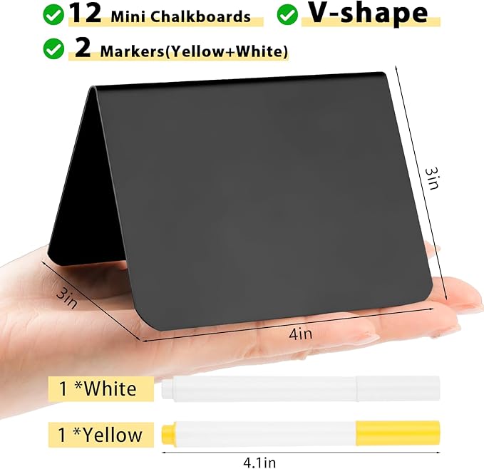 12 Pcs Mini Chalkboard Signs, 4"x3" Reusable PVC Food Labels for Party Buffet, Small Table Place Cards, Durable Chalk Board Signs for Tables, Birthday, Weddings, Bakery, Event Decoration (V Shape)