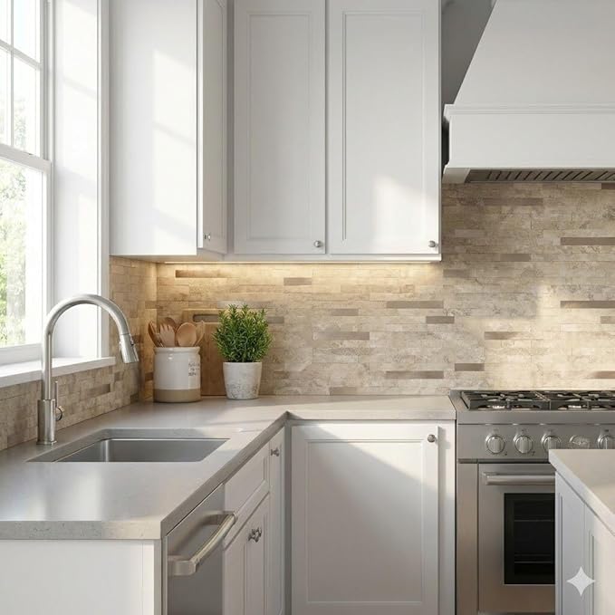 Yipscazo 40 Sheets Peel and Stick Stone Metal Backsplash, PVC Wall Tiles Stick on Tiles for Backsplash Kitchen, Bathroom, Fireplace (6'' X 12'', Beige Stone)