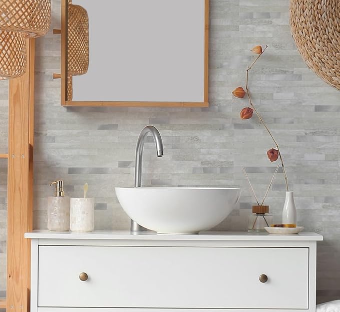 Yipscazo 40 Sheets Peel and Stick Stone Metal Backsplash, PVC Wall Tiles Stick on Tiles for Backsplash Kitchen, Bathroom, Laundry Room, Camper, Fireplace (6'' X 12'', Gray Beige)