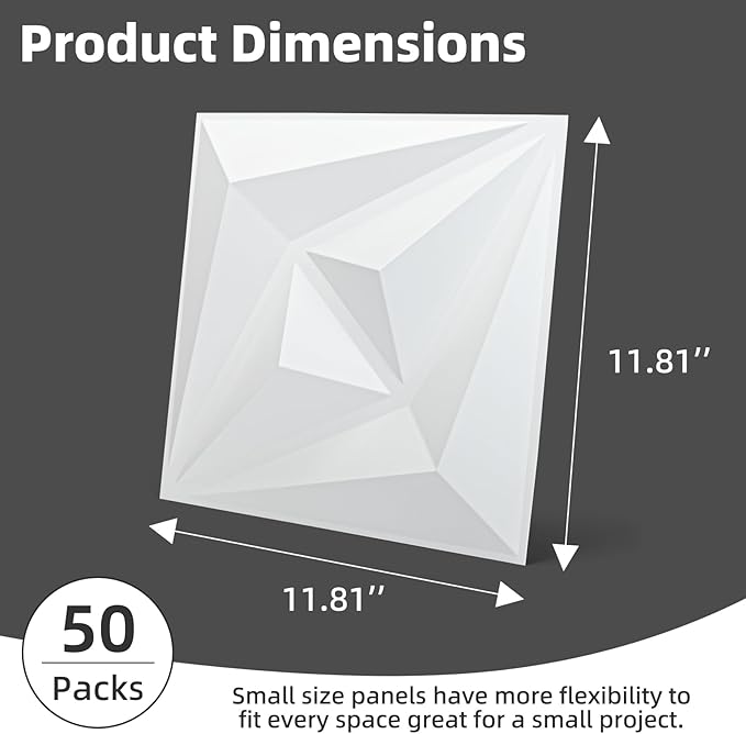 AMZDEPOT 50 Pack 3D Wall Panels for Interior Wall Decor, 3 Layout Options PVC Textured Wall Art Decor for Living Room Bedroom TV Background Gaming Room, 12''x12'', White
