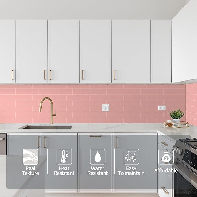 Yipscazo Peel and Stick backsplash 3 x 6 Inches 3D PVC Composite Wall Tile Stick on Backsplash Tile for Kitchen Bathroom, Laundry Room, Fireplace(Pink, 100 Pieces)