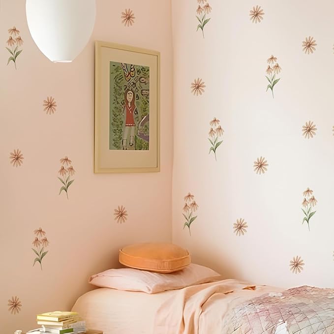 YouRfocus Daisy Wall Decals | Boho Flower Stickers for Girls' Rooms, Playrooms, Nurseries | Dual Layer Print for High Coverage | Removable Peel and Stick (Light Purple & Orange) | 6 Sheets