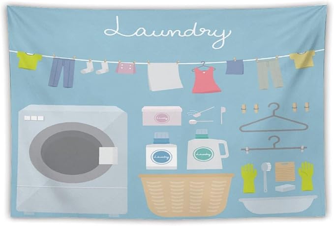 ZhiRain Laundry Room Tapestry Wall Hanging Blue Cartoon Wash Dry Fold Tapestries Home Decor for Living Room Bedroom Farmhouse Apartment Dorm 60"x90"