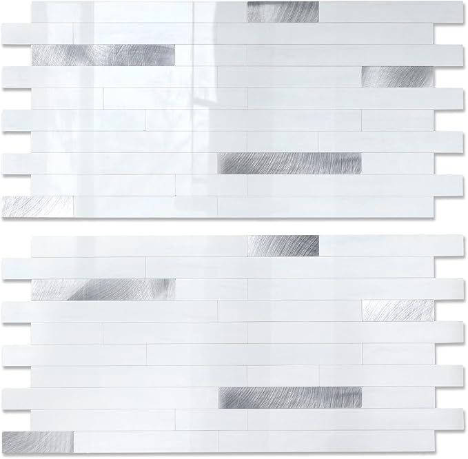 Yipscazo 40 Sheets Peel and Stick Stone Metal Backsplash Tiles, PVC Wall Tiles Stick on Backsplash for Kitchen, Bathroom (6'' X 12'', White with Grey)