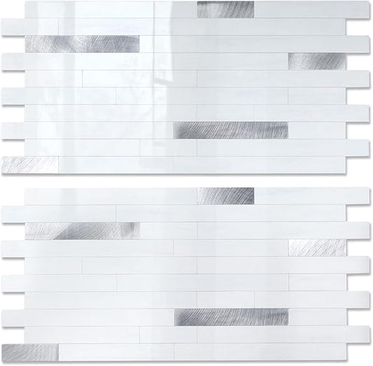 Yipscazo 40 Sheets Peel and Stick Stone Metal Backsplash Tiles, PVC Wall Tiles Stick on Backsplash for Kitchen, Bathroom (6'' X 12'', White with Grey)