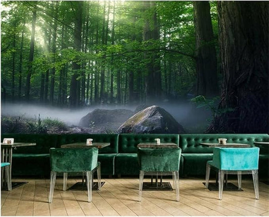 YTTBDBD Forest Mist Large Silk Wall Murals for Living Room, Green Tree Stone Removable Mural for Bedroom,Wall Mural Wallpaper for Kids' Room-Not Peel n' Stick-99 W x 66" H/251x168cm-Silk