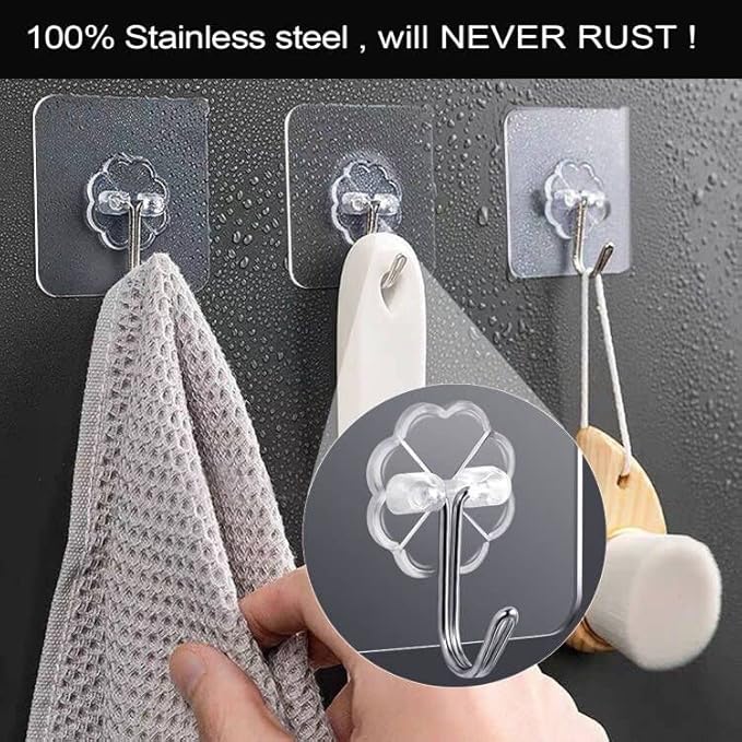 ZESLMG Adhesive Wall Hooks for Hanging, 48 Pack Self Sticky Hooks Heavy Duty 22lb Clear, Removable Shower Hook No Damage for Towel Key Coat Wreath Picture Outdoor Ceiling Bathroom Kitchen, Waterproof