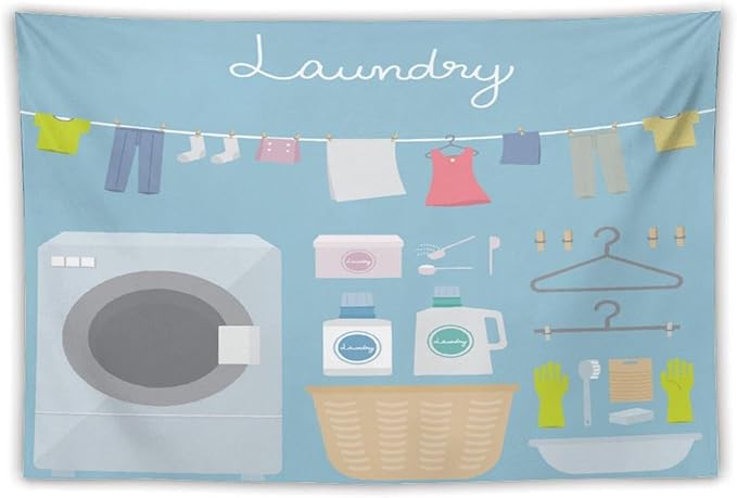 ZhiRain Laundry Room Tapestry Wall Hanging Blue Cartoon Wash Dry Fold Tapestries Home Decor for Living Room Bedroom Farmhouse Apartment Dorm 40"x60"