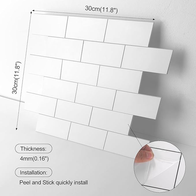 10-Pack Peel and Stick Tile Backsplash 12"X12" PVC Wall Tiles, Stick on Backsplash for Kitchen, Bathroom Tile, Fireplace Décor, Laundry Table, Stair Decals in Pure White