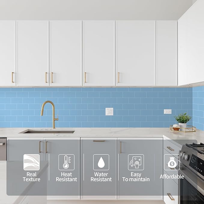 Yipscazo Peel and Stick backsplash 3 x 6 Inches 3D PVC Composite Wall Tile Stick on Backsplash Tile for Kitchen Bathroom, Laundry Room, Fireplace(Blue, 100 Pieces)