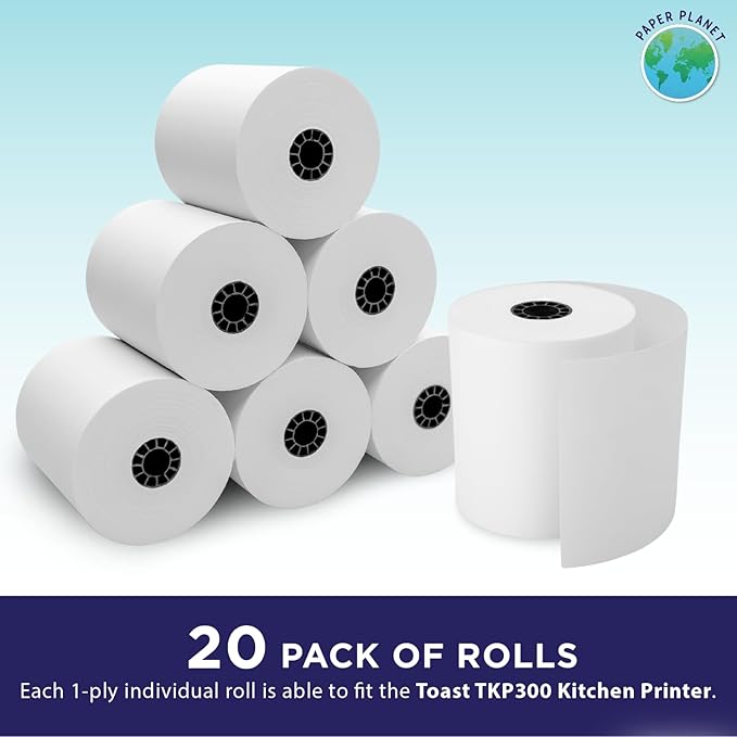 1-Ply White Bond Paper for Toast Kitchen Printer by Paper Planet | 20 Rolls | Compatible with TKP300 SNBC BTP-M300