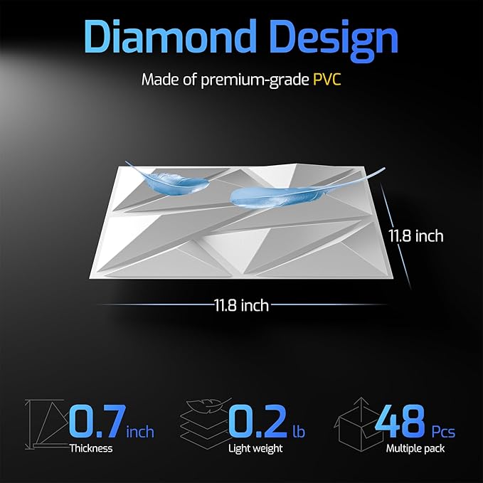 ZELMINE 48 Pack White 3D Wall Panels for Interior Wall Decor, 11.8'' x 11.8'' Decorative Wall Panels, Accent Wall Panels, 3D Diamond Design Wall Decor for Living Room, Bedroom, Gaming Room