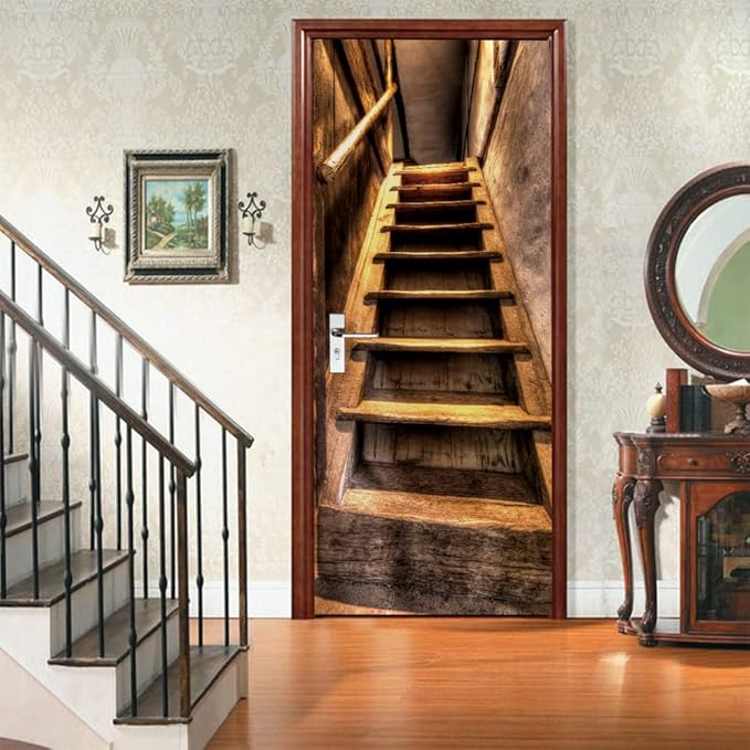 3D Self-Adhesive Door Wallpaper - Wooden Stairs Design Premium PVC Waterproof Wall Sticker for Bedroom Living Room Decoration 90 x 200 cm